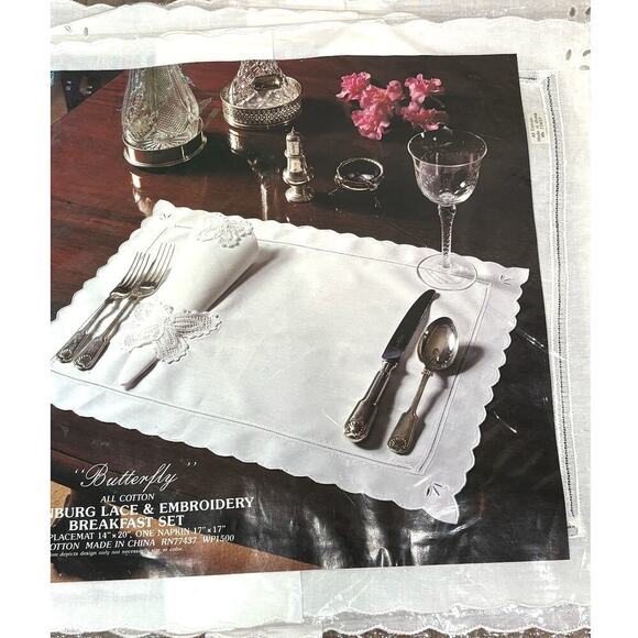Four Orem Butterfly Battenburg Lace and Embroidery Breakfast Set Vintage NWT - Picture 4 of 7